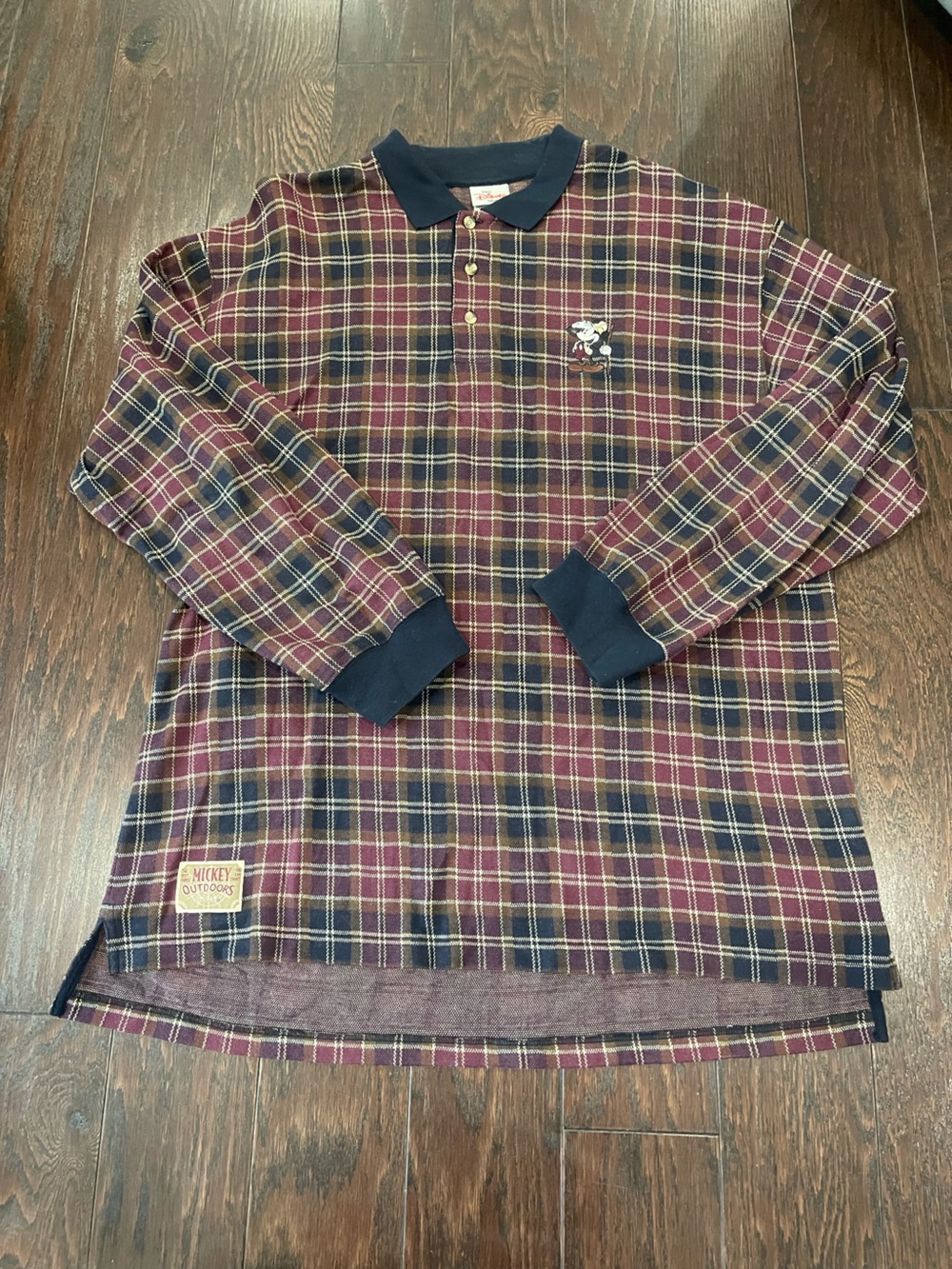 Mickey Mouse Men Outdoor 1/4 Button Long Sleeve Shirt Size X-Large Red Plaid Vtg